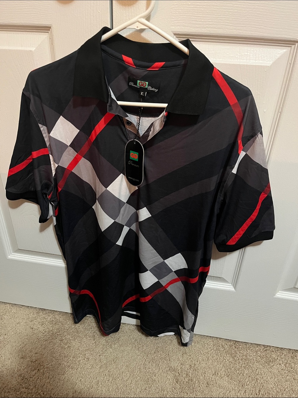 GG Collection Black Polo with Grey Plaid and Red Stripes